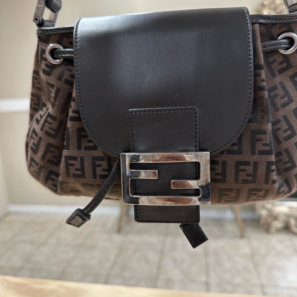 Fendi Black and Brown Shoulder Bag with Geometric Logo